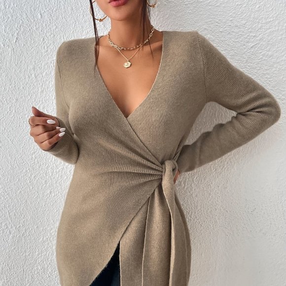 Khaki Casual Preppy Womens Wrap Knot Side Sweater - Picture 4 of 5